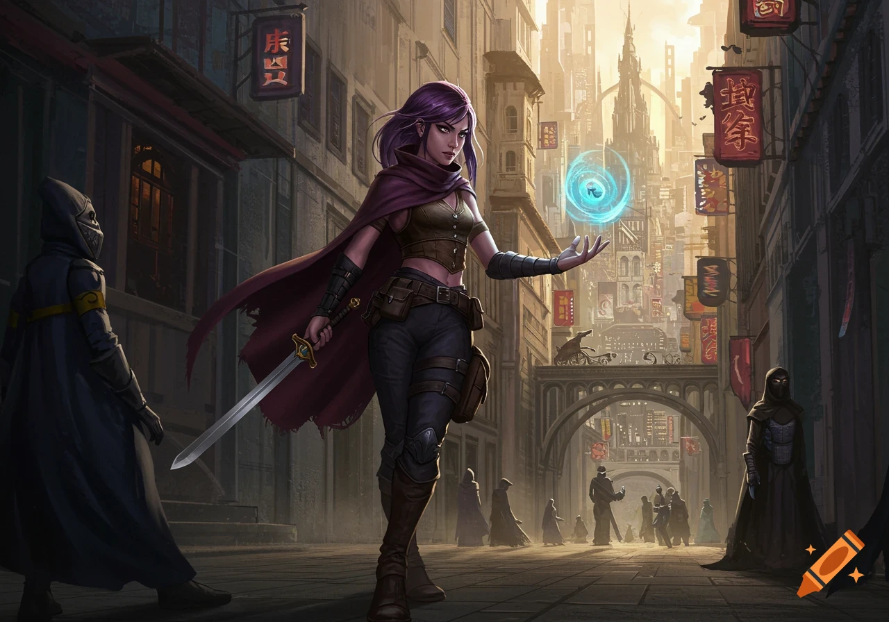 A woman with purple hair stands on a dystopian city street, holding a sword and casting magic.
