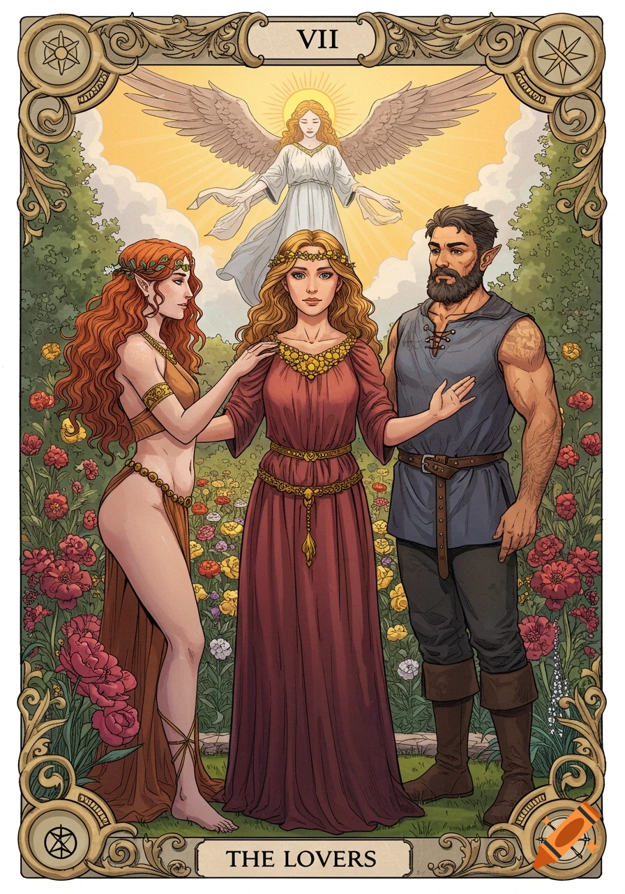 The Lovers Tarot card featuring an angel above three figures in a garden.