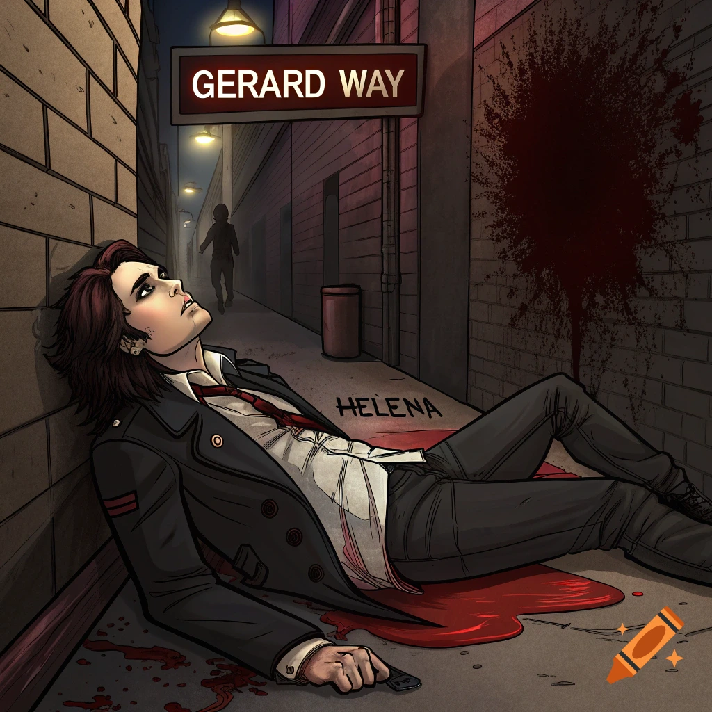 Illustration of a figure, Gerard Way, lying in an alley surrounded by blood with a sign overhead and Helena written on the ground.