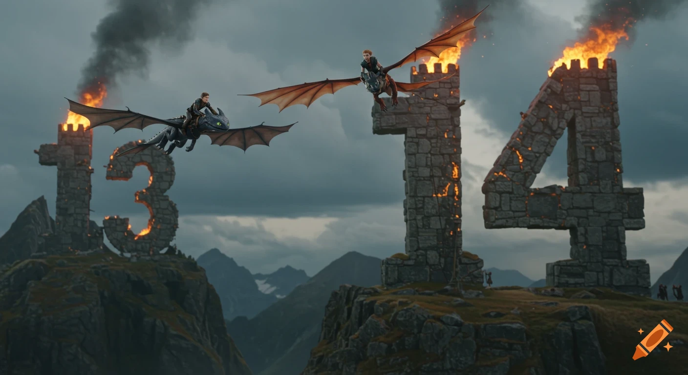 A dark, dramatic fortress under a lightning storm with fiery light, a ...