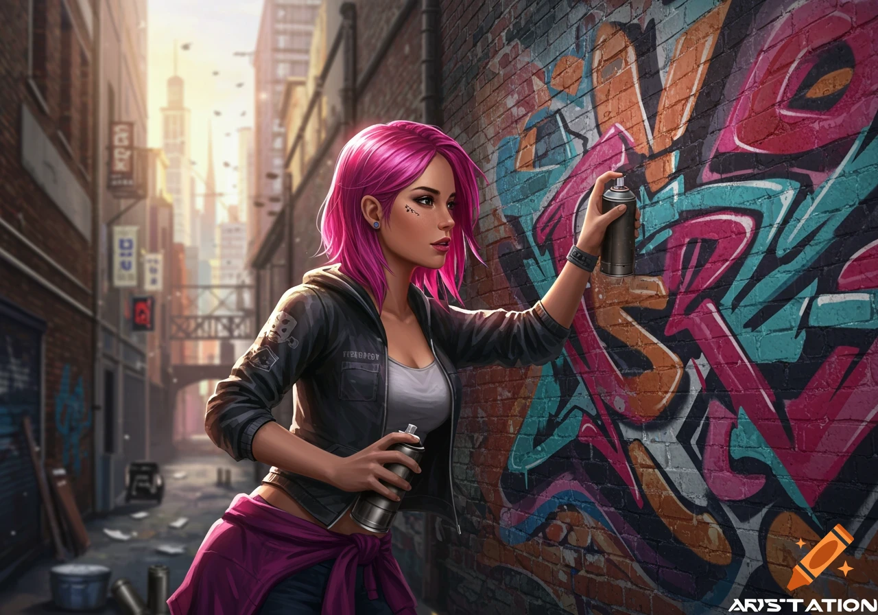 Young woman with pink hair painting graffiti on a brick wall in an urban setting, artstation style.