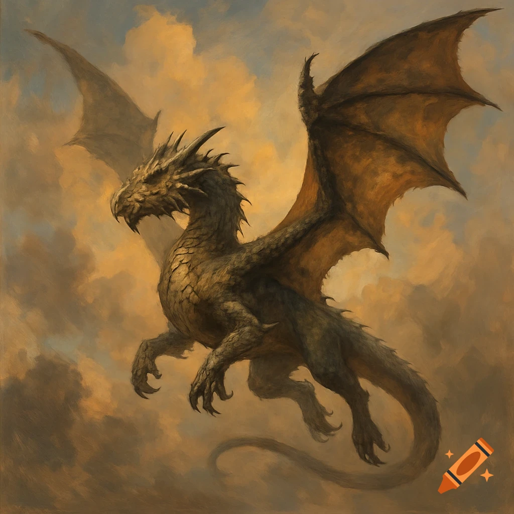 A detailed dragon flying through a cloudy sky.