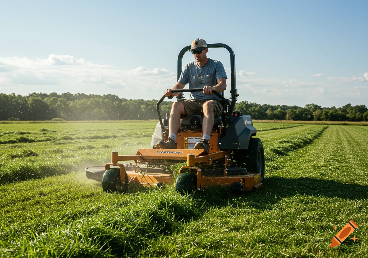 A man operates a zero-turn lawn mower, cutting grass in a large field under a sunny sky.