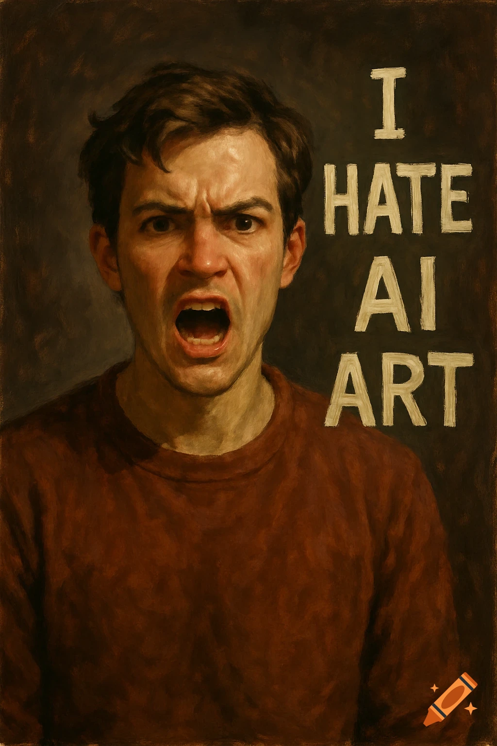 A man with an angry expression is shouting next to the text 'I HATE AI ART'.