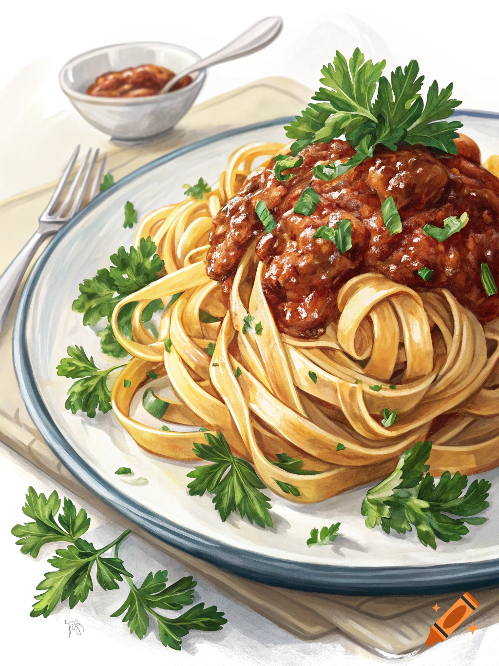Plate of fettuccine pasta with meat sauce and parsley in a painterly style illustration.
