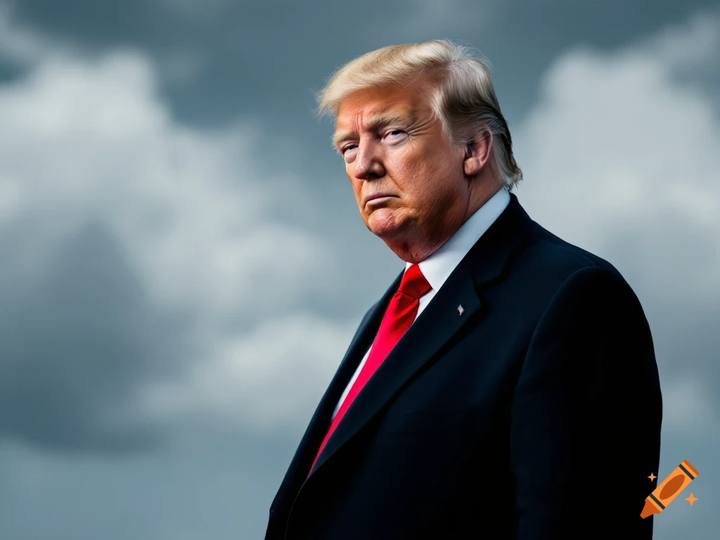 Photorealistic portrait of Donald Trump against a cloudy sky