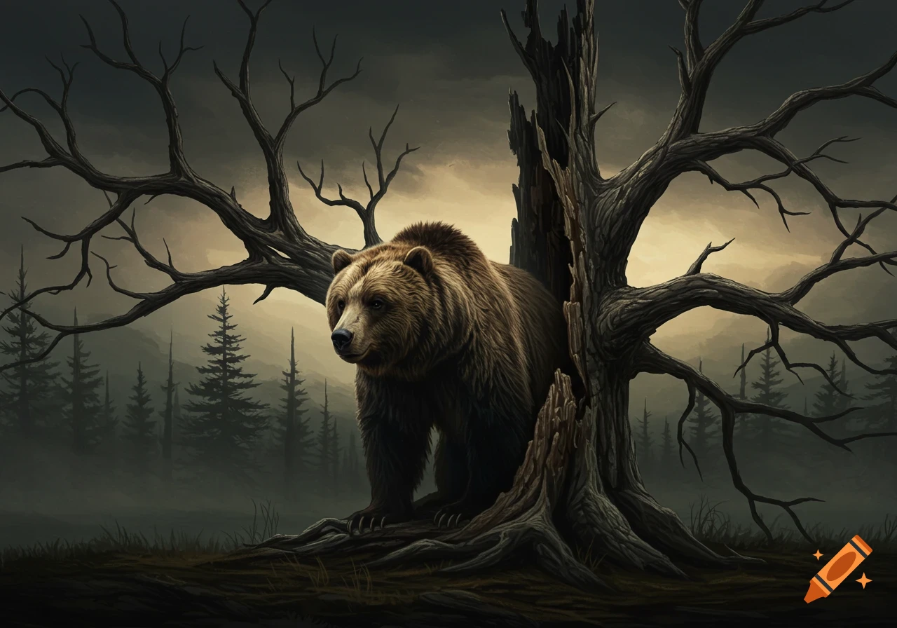 A grizzly bear stands behind a dead tree in a misty forest.