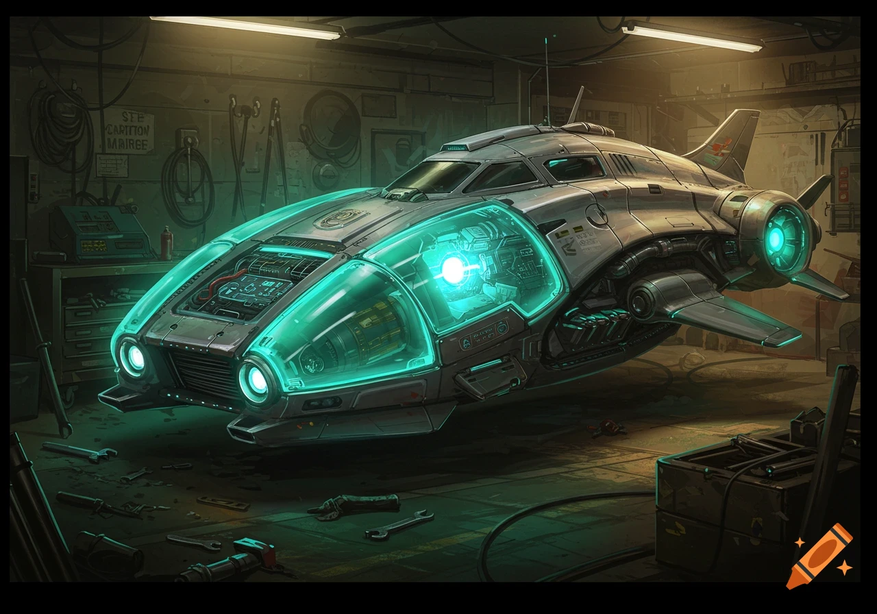 A futuristic vehicle resembling a submarine in a mechanic's garage.