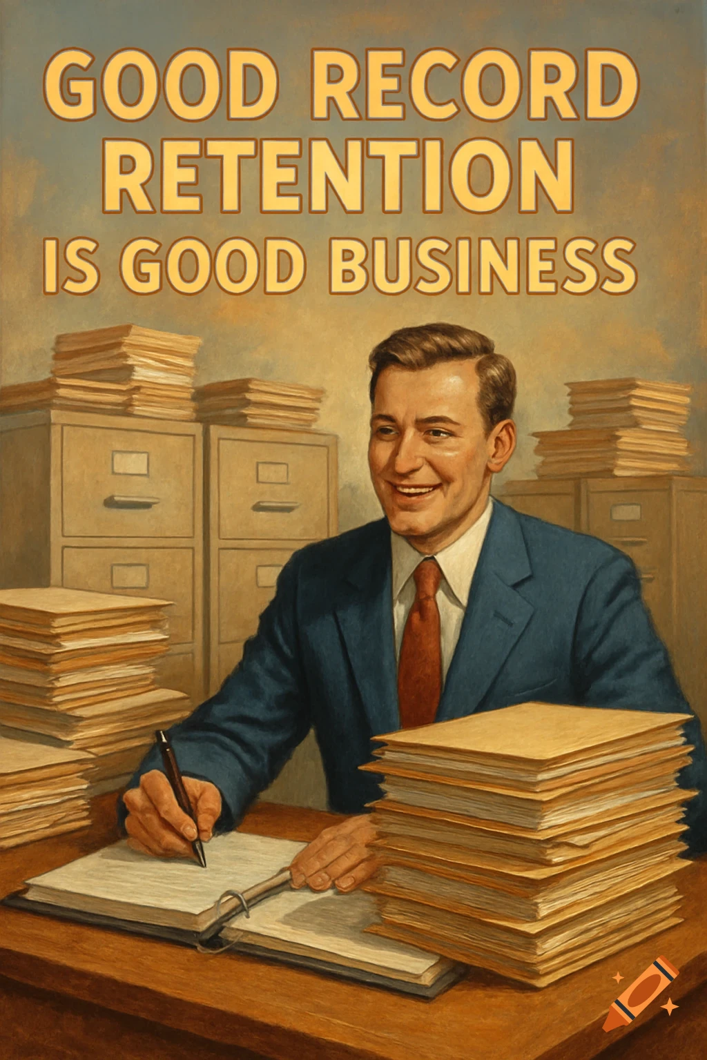 A man in a suit sits at a desk with stacks of paper and filing cabinets, writing in a binder. Text reads "GOOD RECORD RETENTION IS GOOD BUSINESS". Style is like a retro painting.