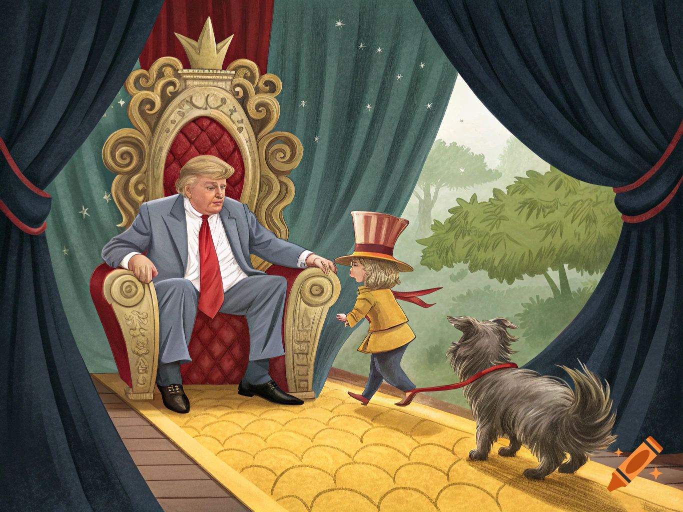 Illustration of Donald Trump sitting on a throne, with a child in a top hat and a dog (Toto) approaching.