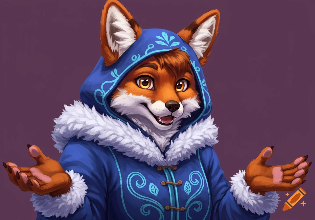 An illustration of a smiling fox furry in a blue hooded coat.