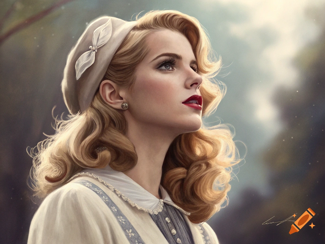 A woman with blonde hair, red lipstick, and a beret looks upwards in a portrait.