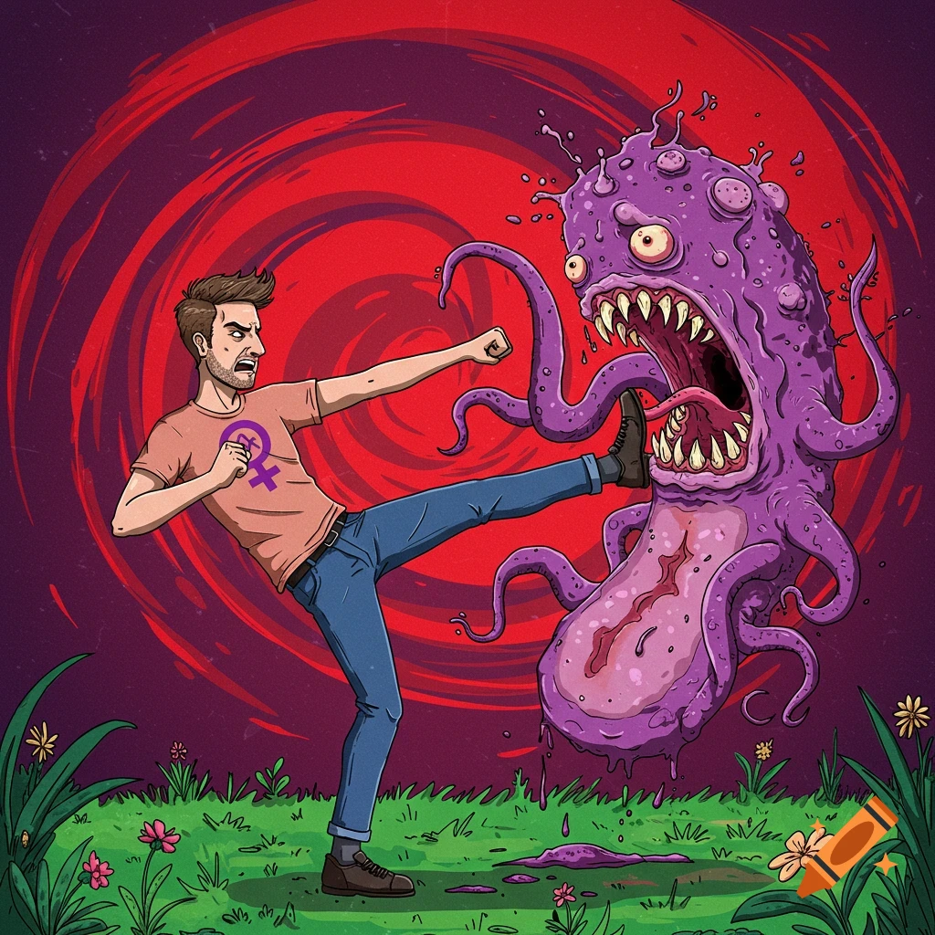 Cartoon illustration of a man with a feminist symbol shirt high-kicking a purple monster with tentacles and teeth.