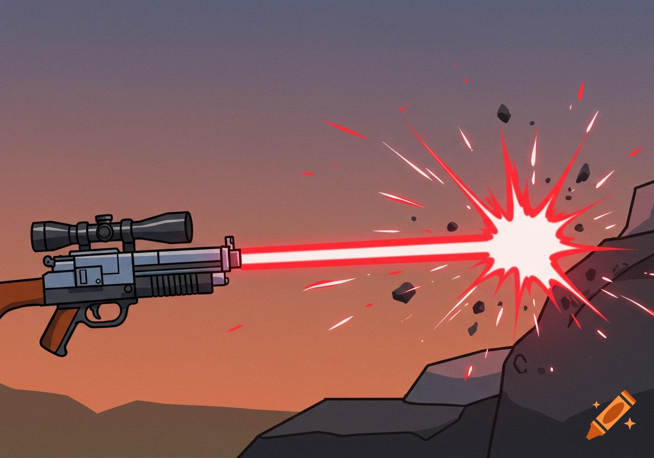 Cartoon illustration of a sci-fi blaster shooting a red laser beam at a rock.