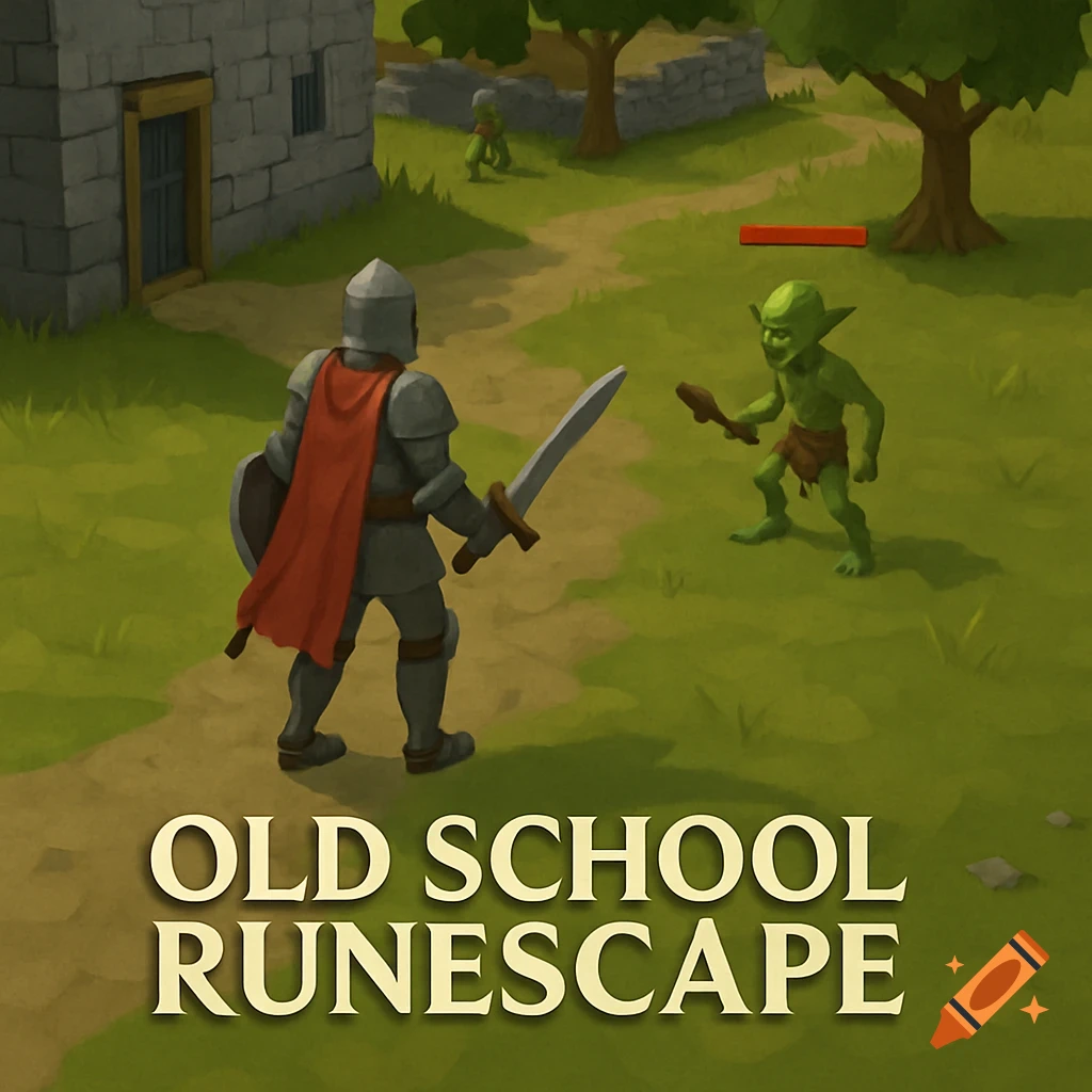 Cartoon style fantasy image of a knight fighting a goblin in a landscape, with text overlay 'OLD SCHOOL RUNESCAPE'.