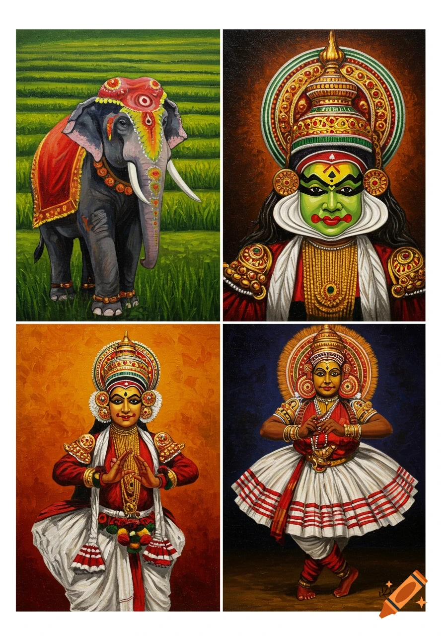 Grid of four paintings: a decorated elephant, a Kathakali face, a Mohiniyattam dancer, and another dancer.