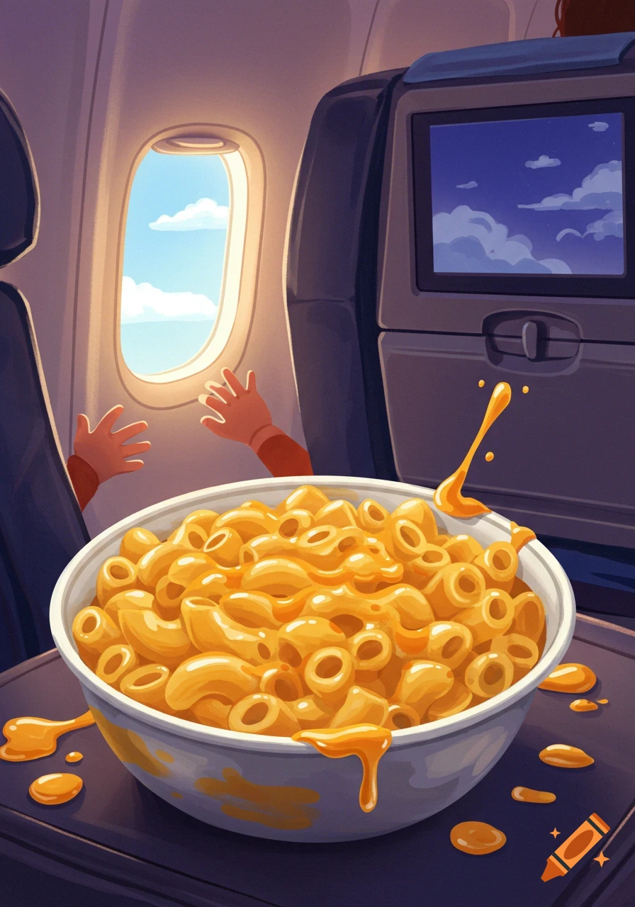 A bowl of mac and cheese sits on an airplane tray table with hands reaching toward a window.