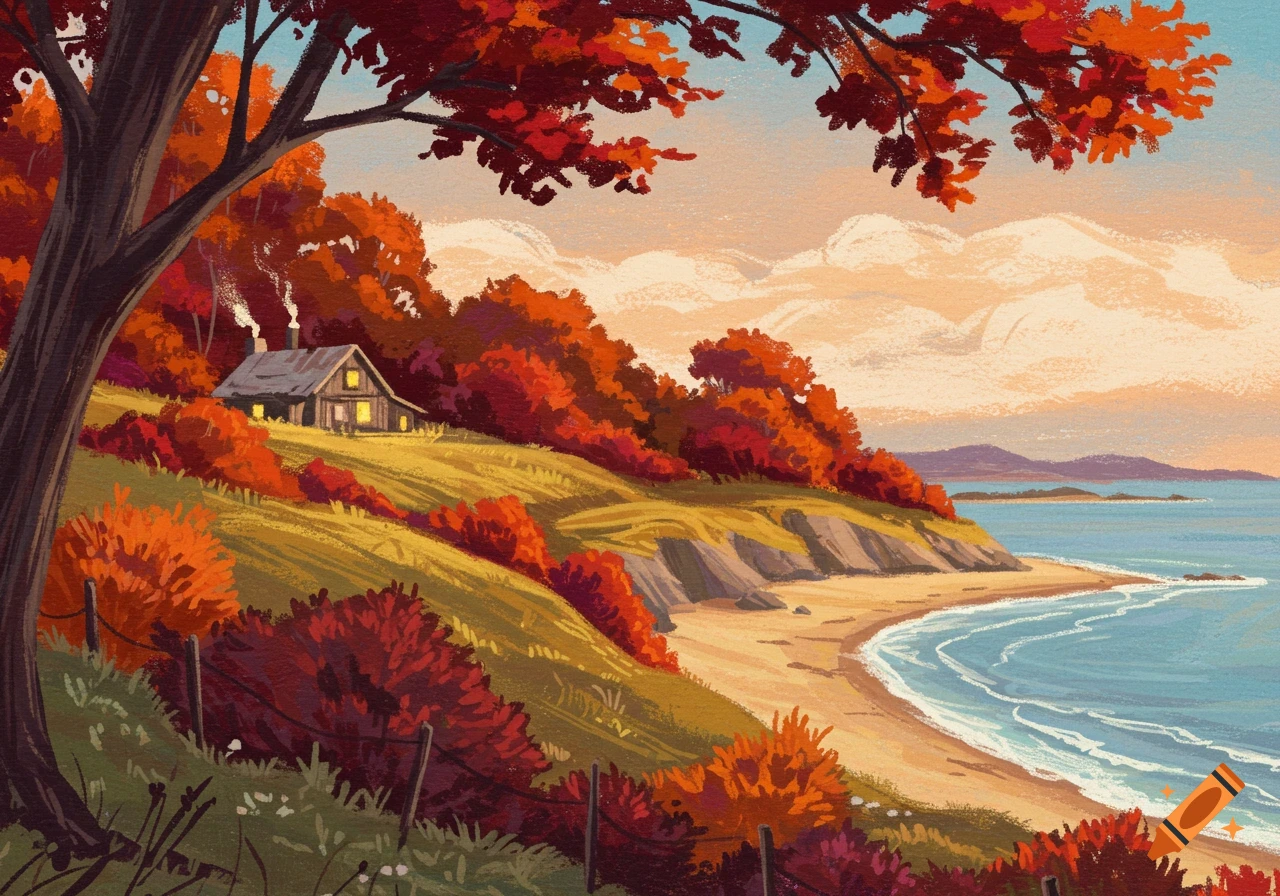 A house on an autumn hill overlooking a beach and ocean.