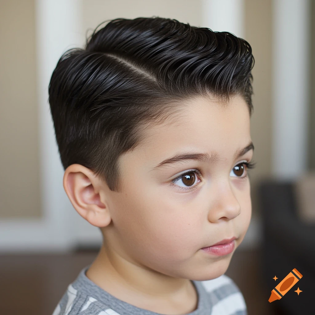 Young boy with a slicked-back combover haircut.