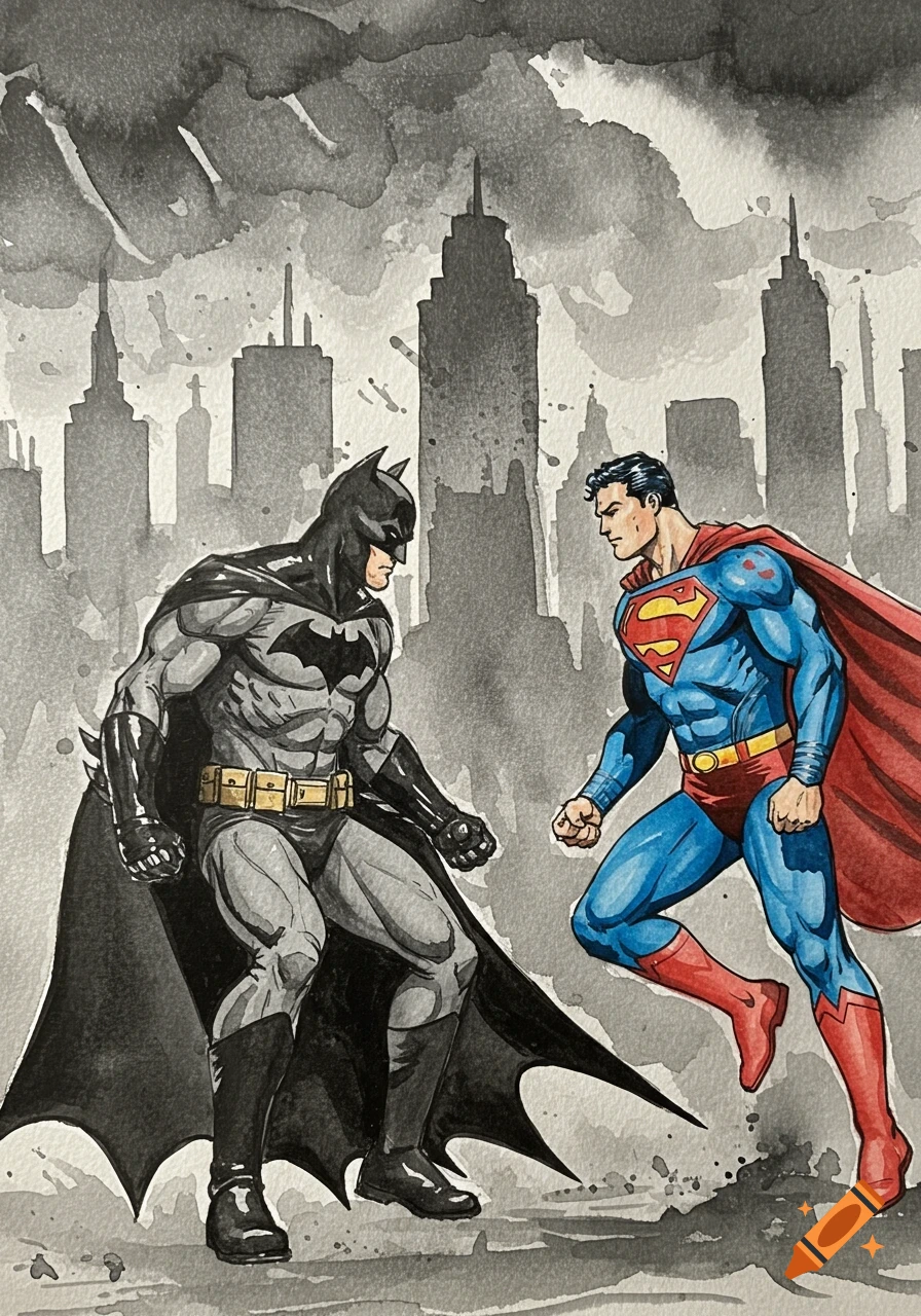 Watercolor of Batman and Superman facing each other in front of a city skyline