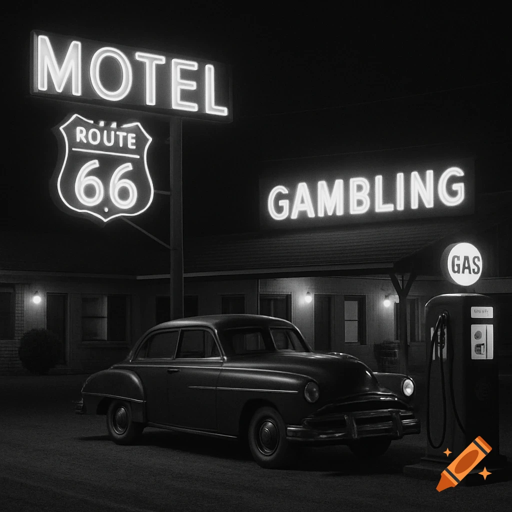 Black and white photo of a vintage car at night under neon signs for a motel, Route 66, gambling, and gas.