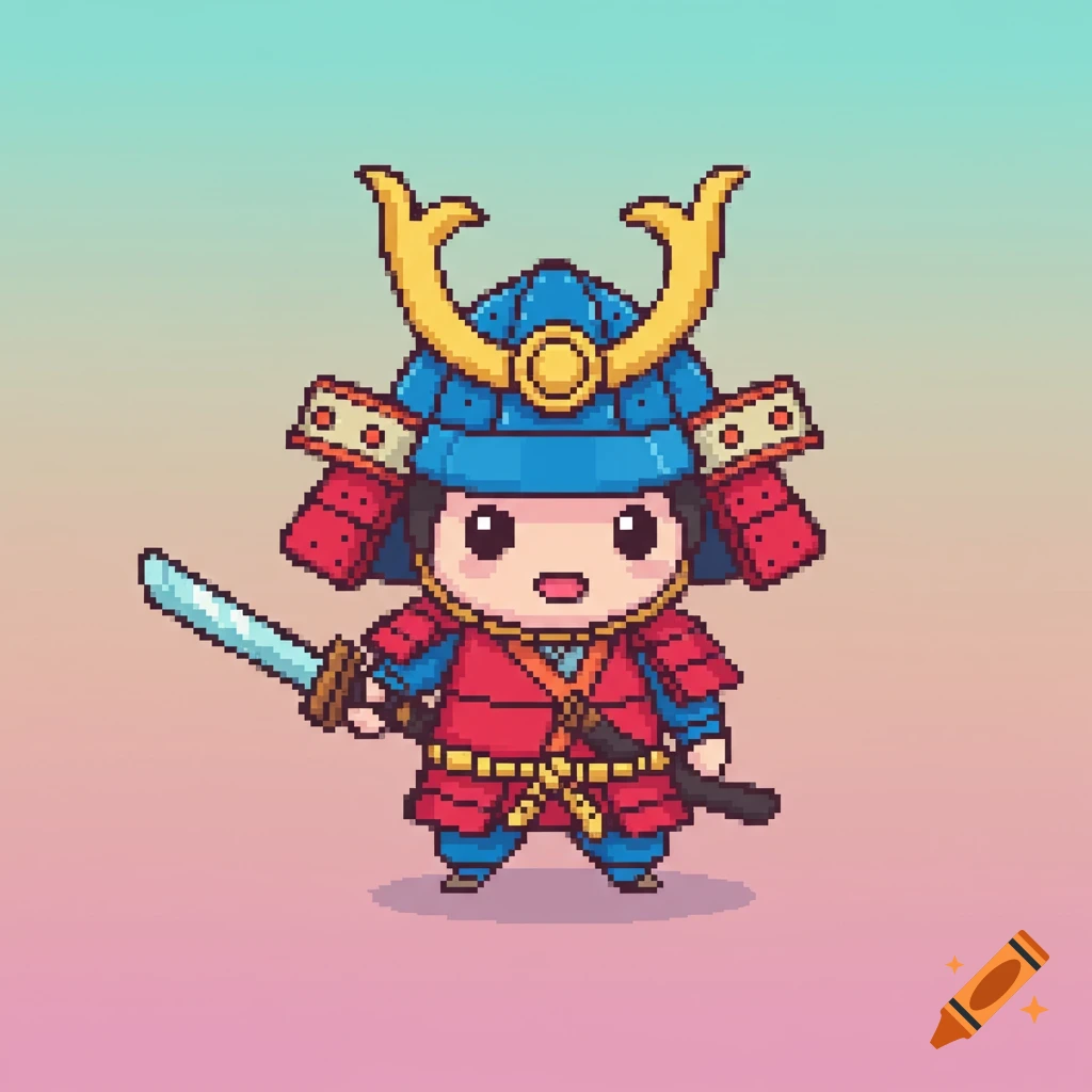 A cute pixelated samurai character holding a sword.