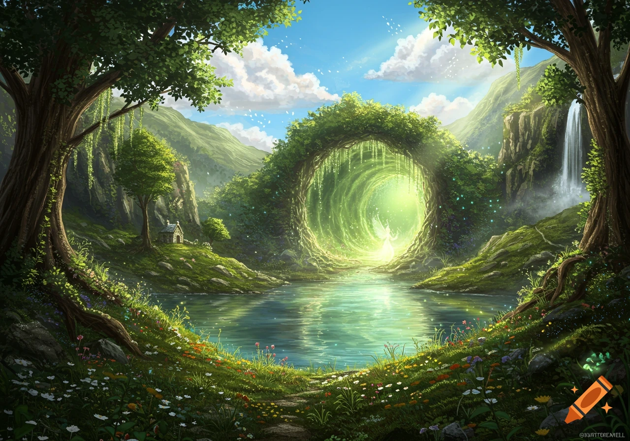 A fantasy landscape shows a luminous green portal arch over a lake, surrounded by trees, mountains, a waterfall, and a fairy figure.