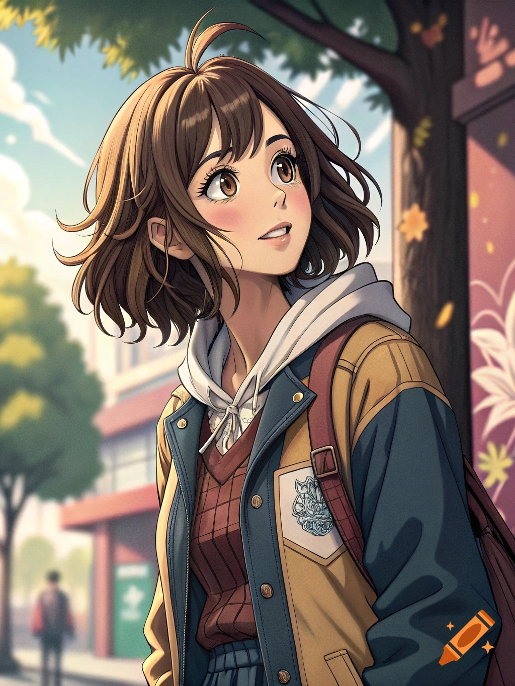 Anime portrait of a young woman with short brown hair looking up, wearing a jacket and backpack outdoors.