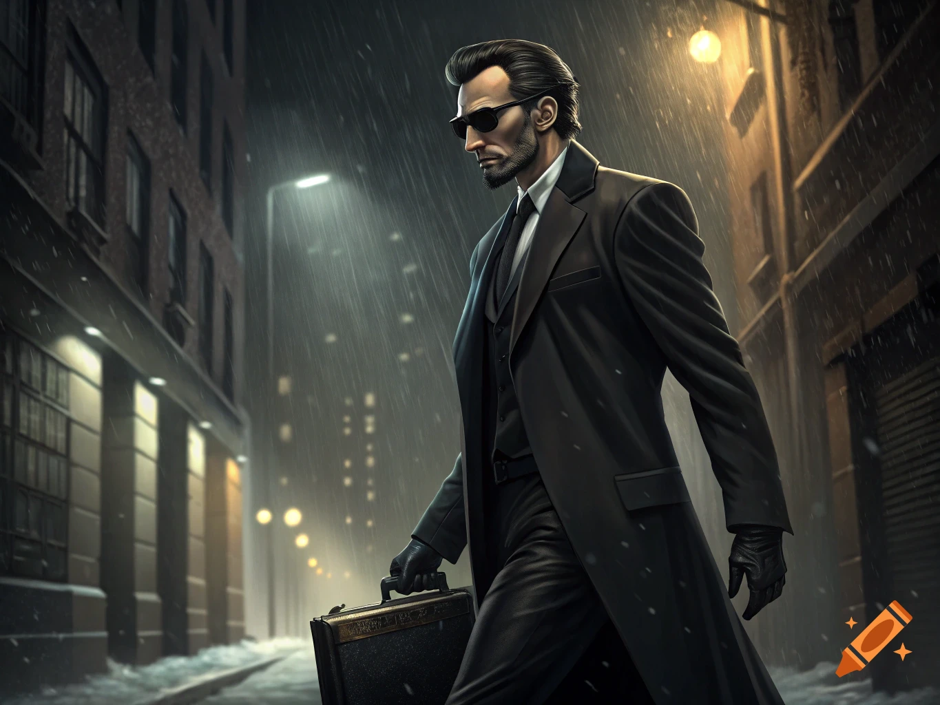 A man in a suit and trench coat walks in a rainy city street at night, carrying a briefcase.
