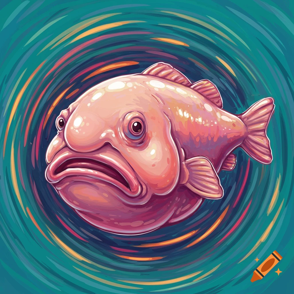 An illustration of a pink blobfish against a swirling, colorful background.