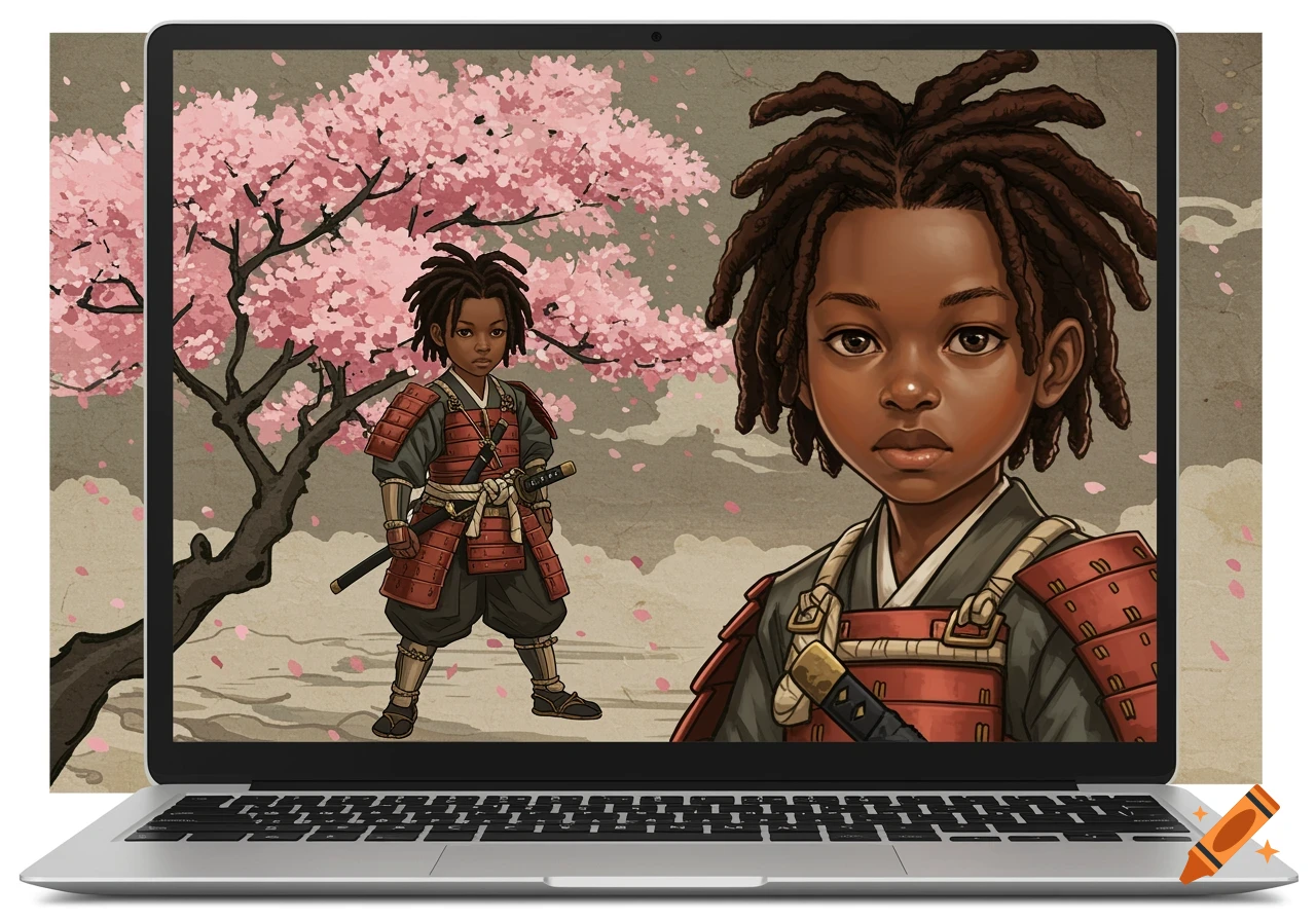 A young black boy with dreadlocks in samurai armor stands under a cherry blossom tree, depicted in a traditional Japanese art style, displayed on a laptop screen.