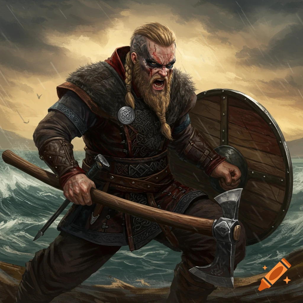 Illustration of a fierce viking warrior holding an axe and shield on a stormy coast.