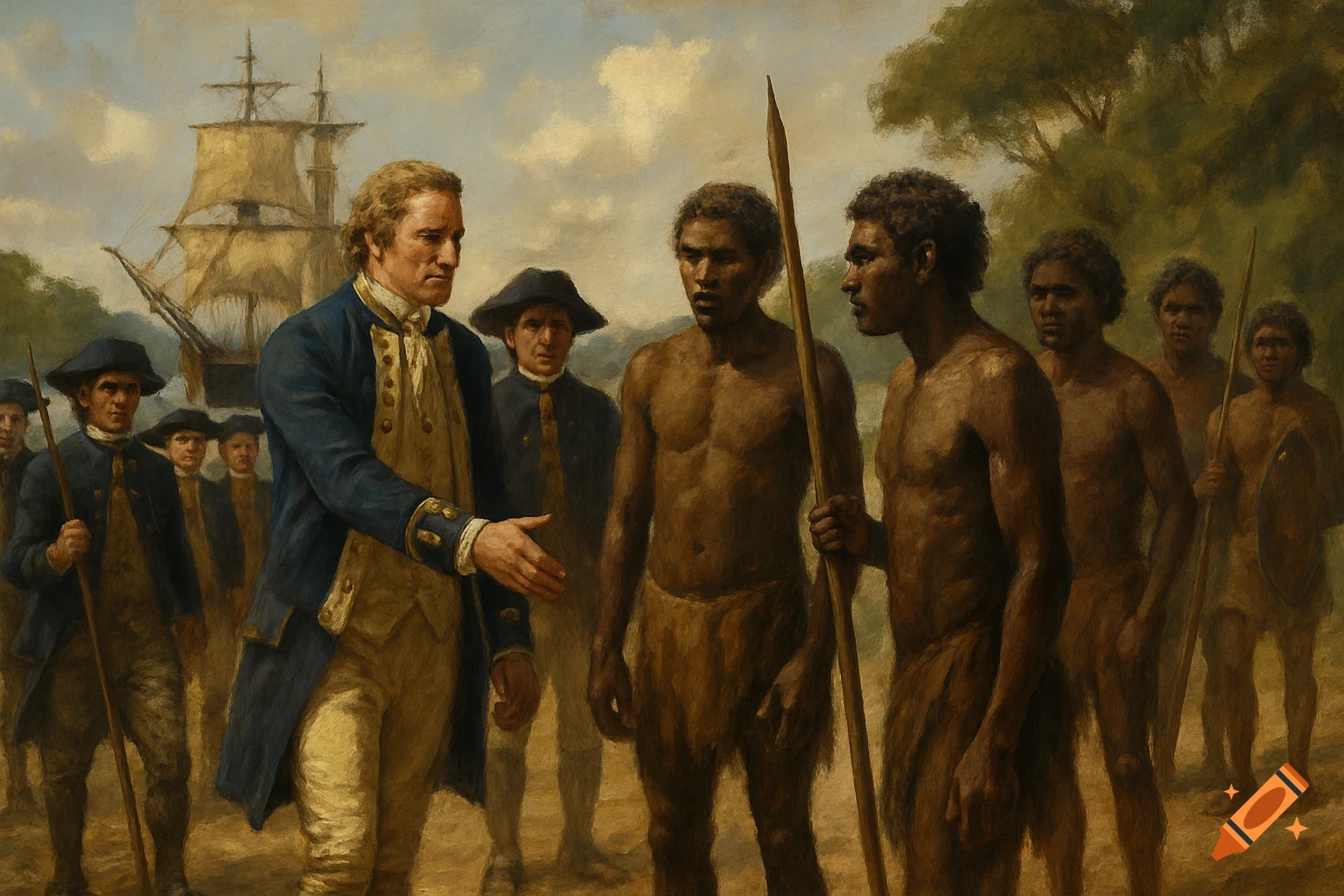 Painting of a European explorer in uniform shaking hands with an Indigenous man, with others watching and a ship in the background.