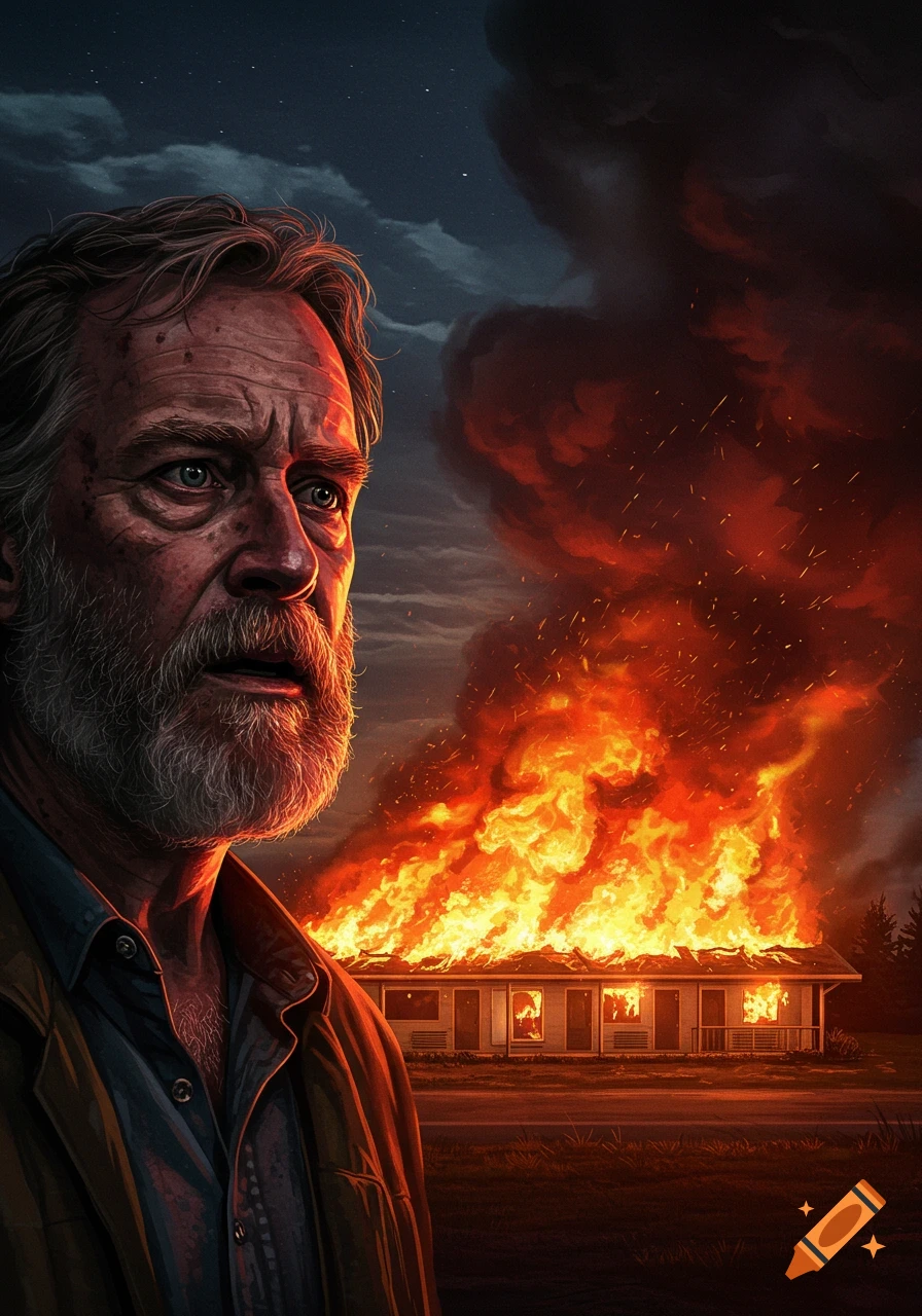 A man watches his motel burn down under a dark sky.