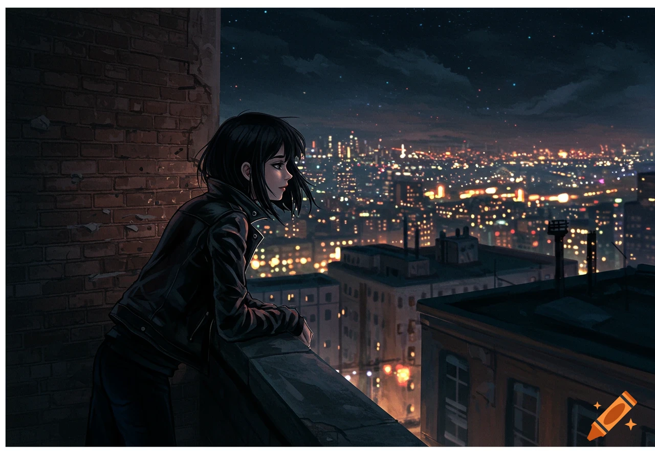 A girl in anime style on a rooftop looks out at a city at night.