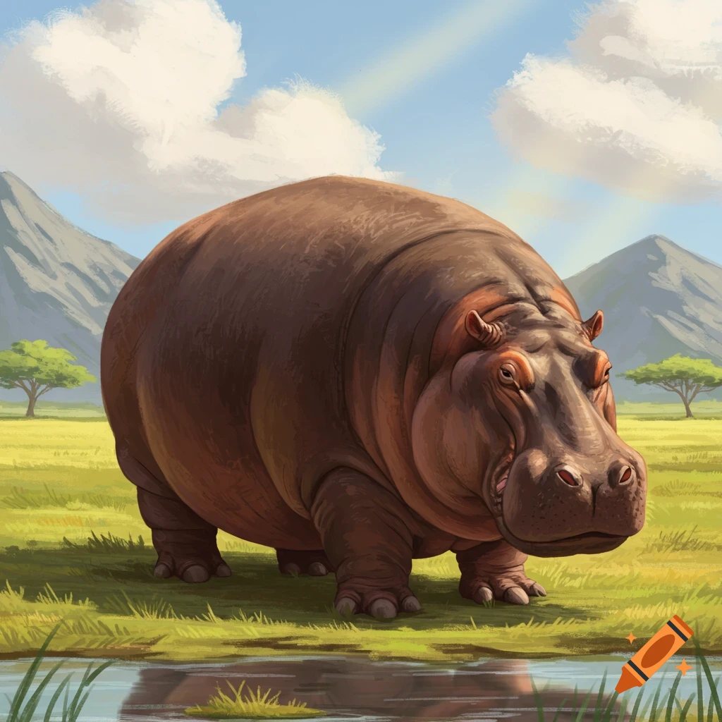A large hippo stands in a grassy plain with mountains and trees in the background.
