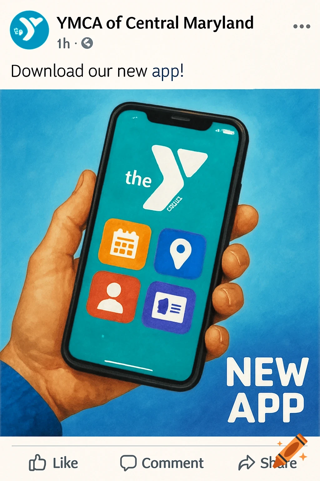 A hand holding a phone displaying a mobile app interface with the YMCA logo and icons. Text reads "Download our new app!" and "NEW APP".