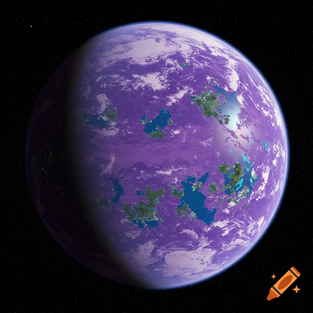 A purple planet with green continents and blue lakes in space.