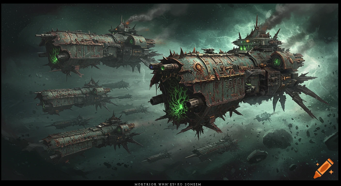 Rusty, decaying Warhammer space ships in a green space environment.