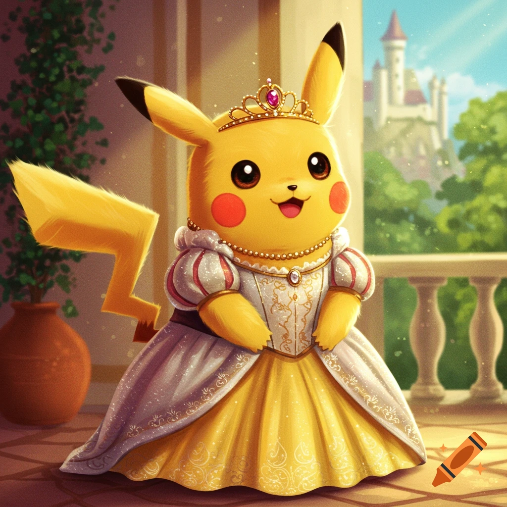 Pikachu in a princess dress and crown on a balcony overlooking a castle.