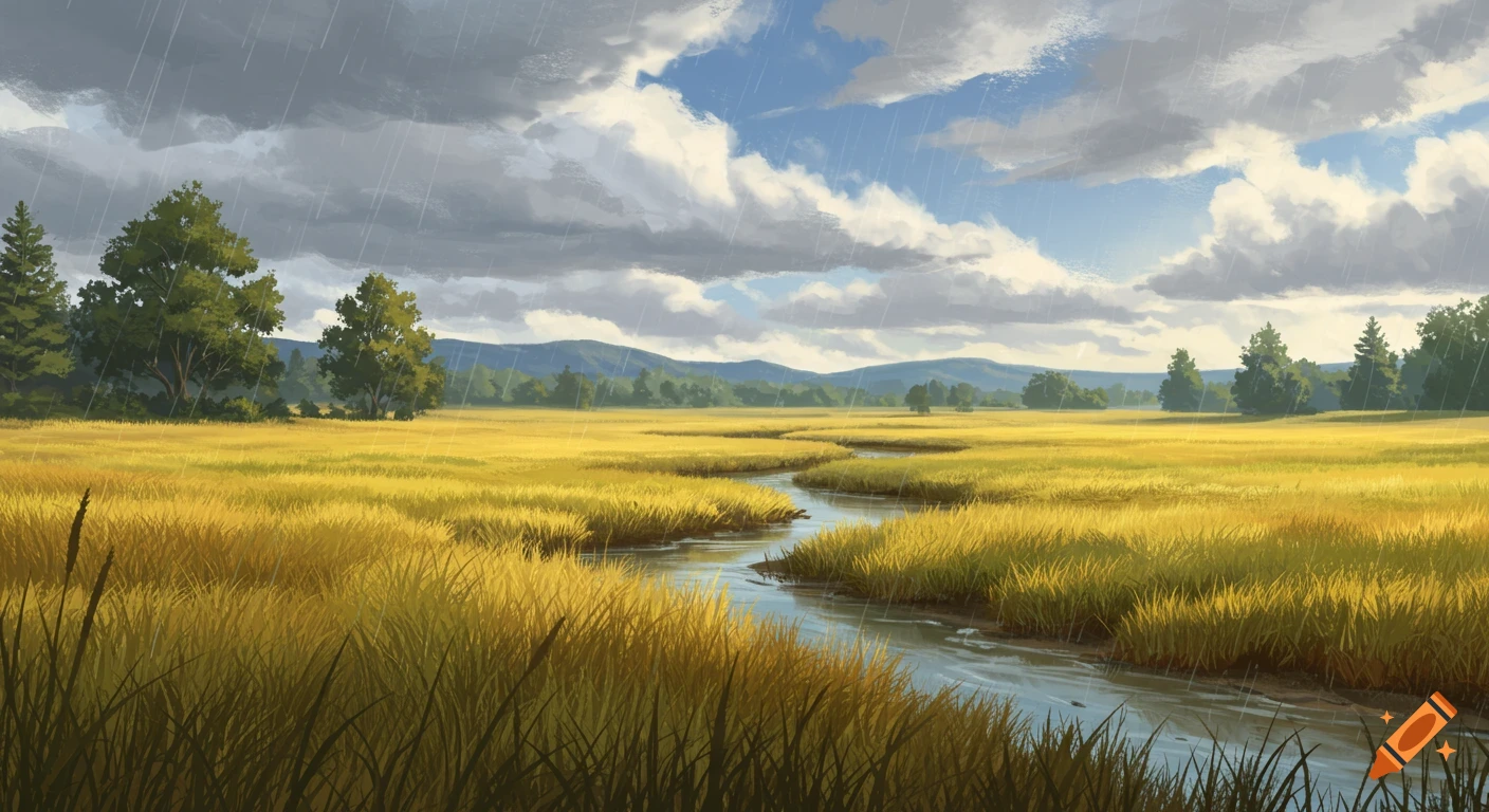 A landscape with a river flowing through golden grasslands under a cloudy, rainy sky.