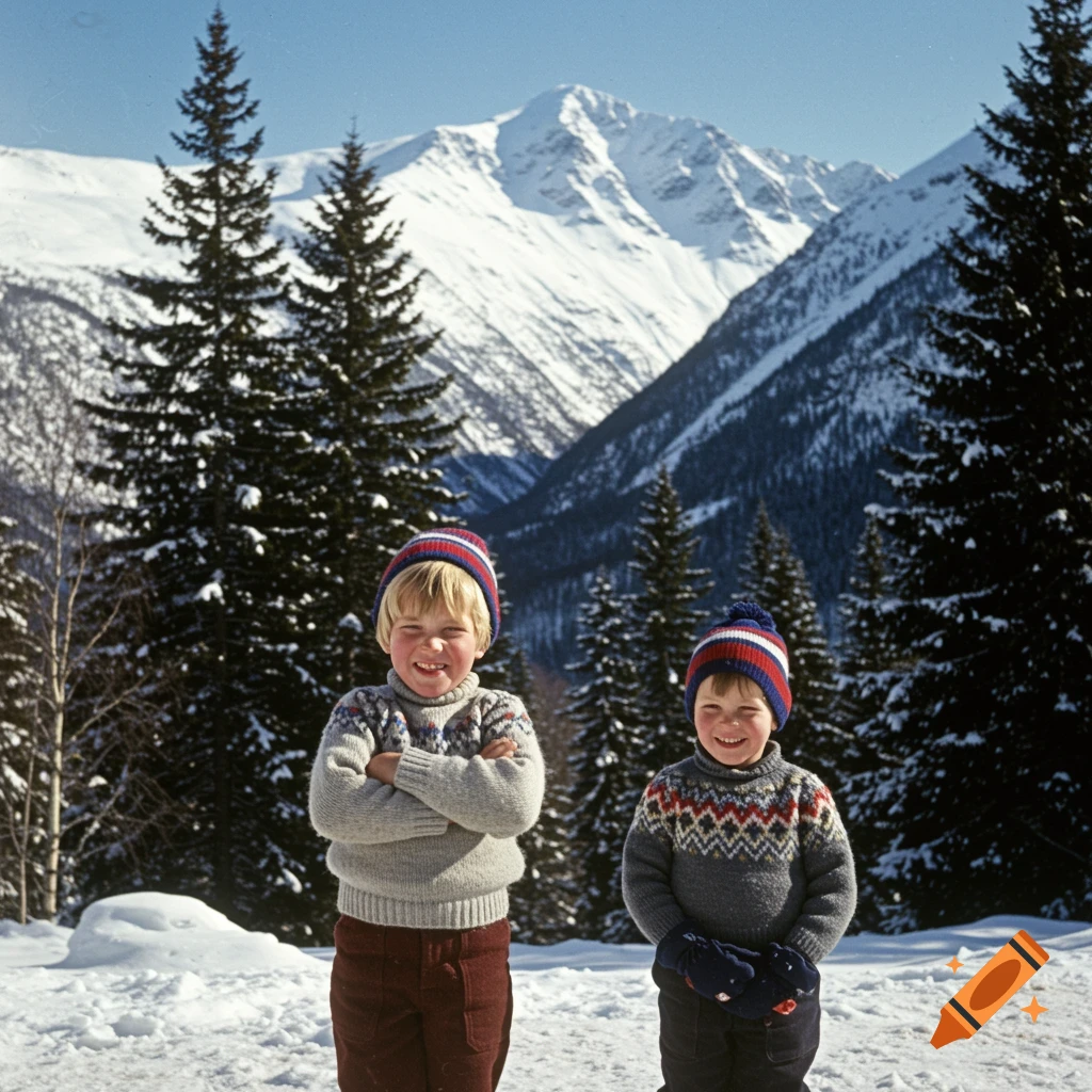 Two boys in winter sweaters and hats smiling in the snow with mountains behind them, vintage photograph.