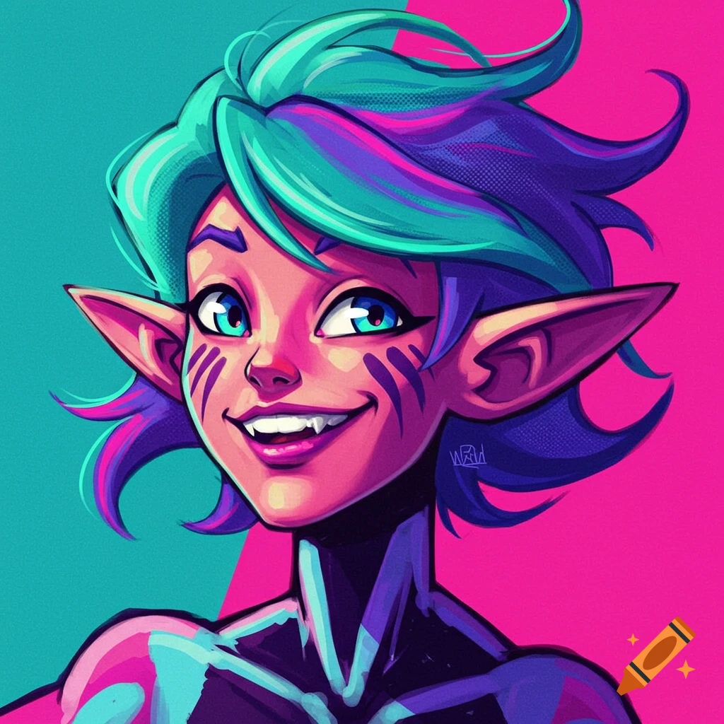Stylized portrait illustration of a fantasy character with teal and purple hair, elf ears, and sharp teeth.
