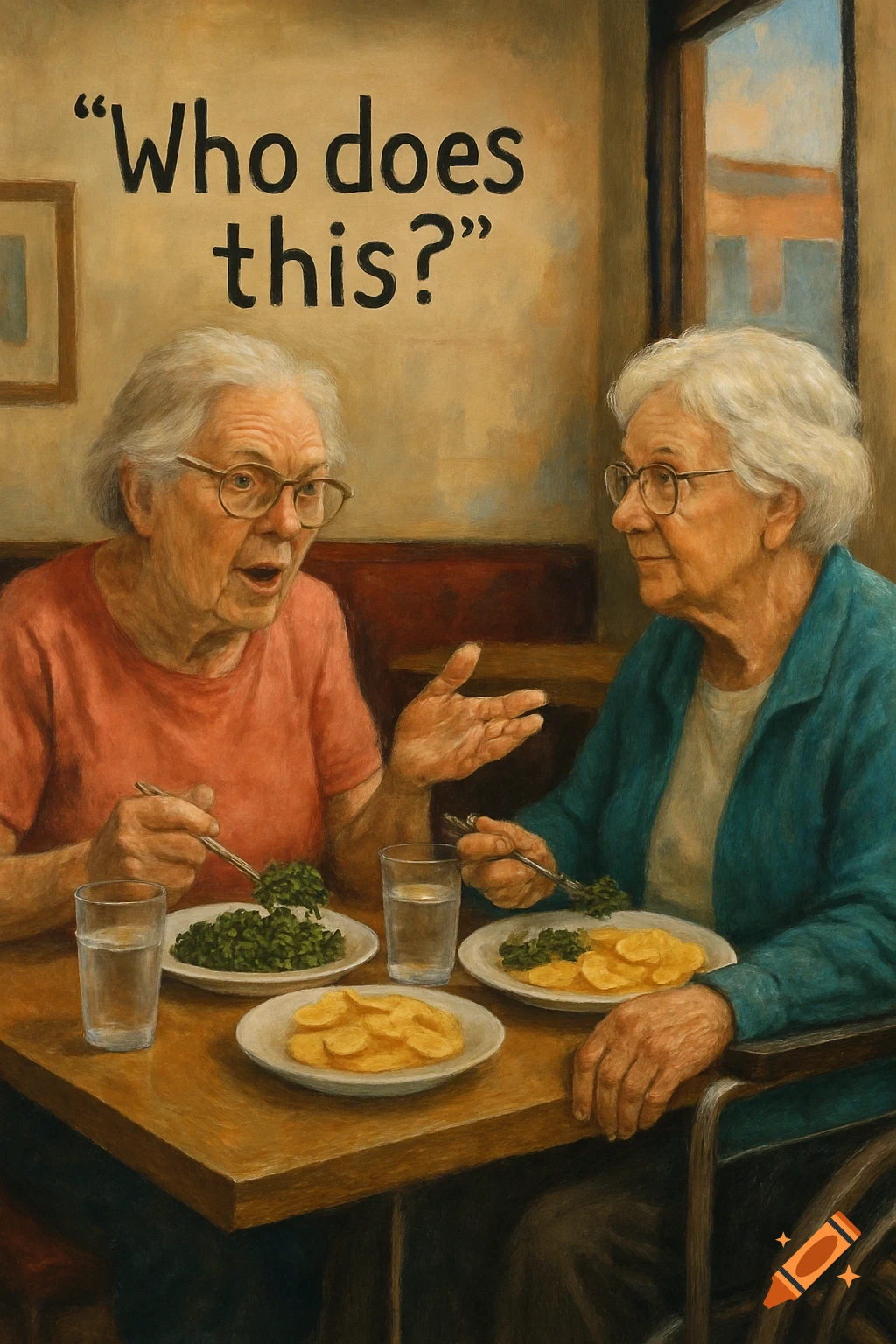 Two elderly women eating at a table with text 'Who does this?' above.
