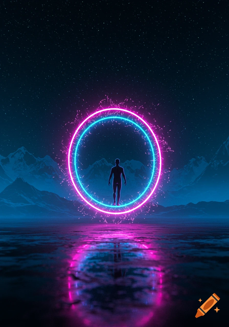 Digital art of a person before a neon ring portal under a starry sky, reflected in water, with mountains in the distance.