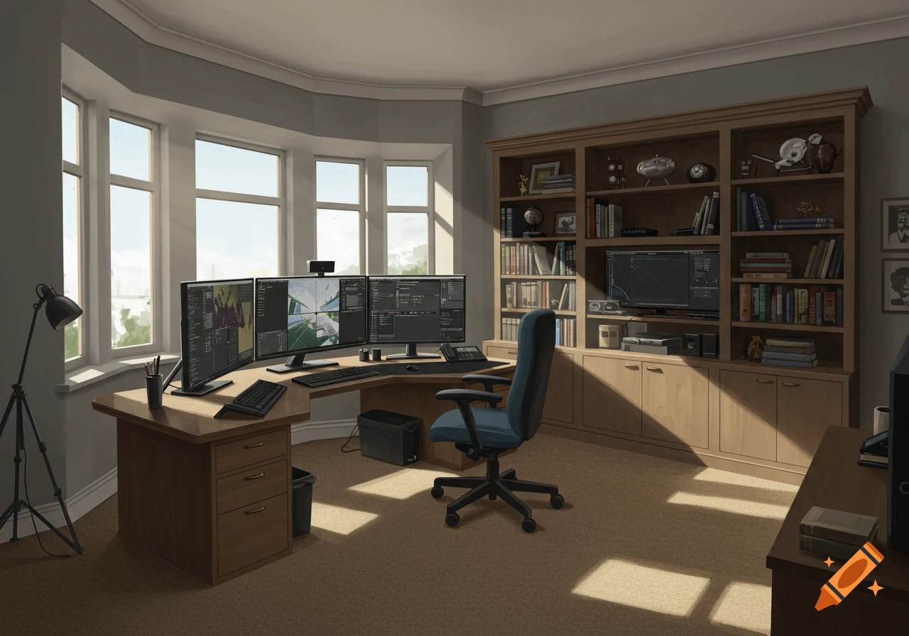 A spacious home office with bay windows, a corner desk with four monitors showing data and images, and a large wall of bookshelves.