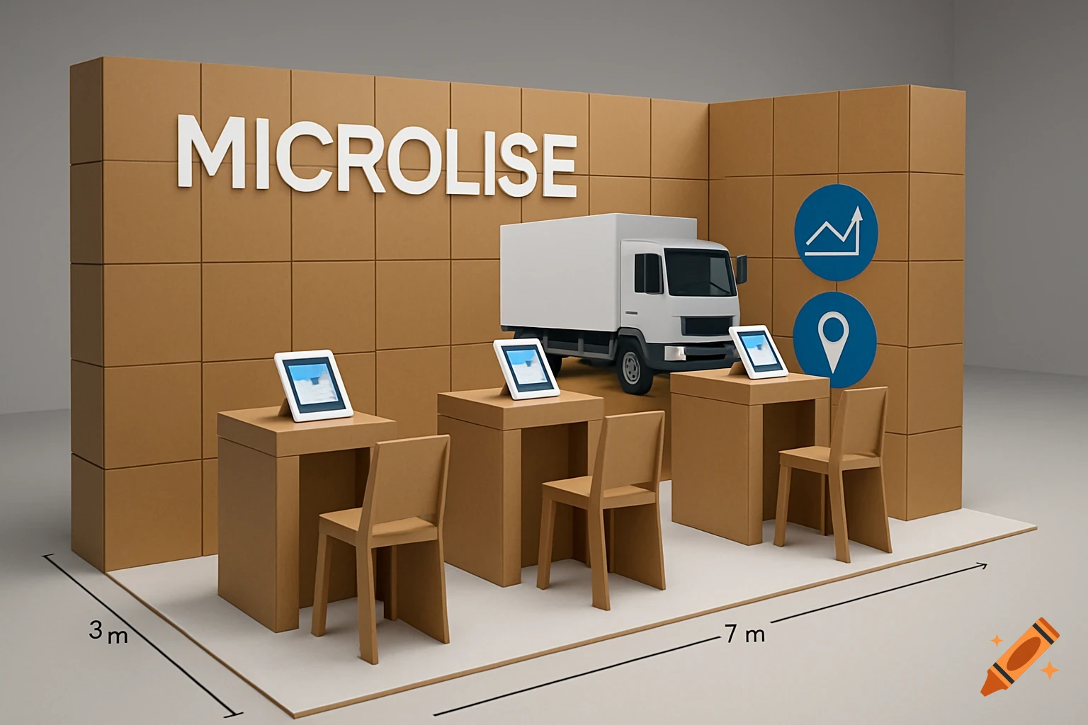An exhibition stand for Microlise with screens, chairs, and a truck model. Dimensions 7m x 3m are marked.