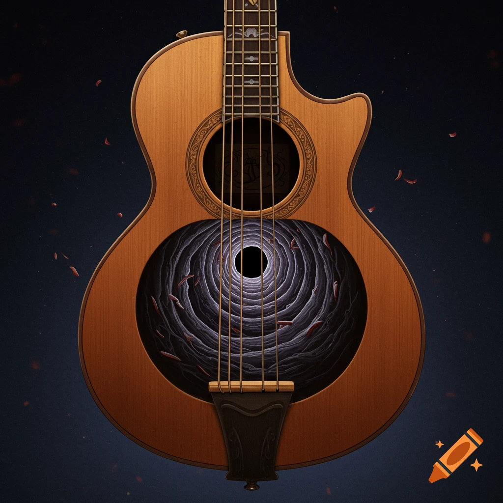 An acoustic guitar with a swirling void inside the soundhole.