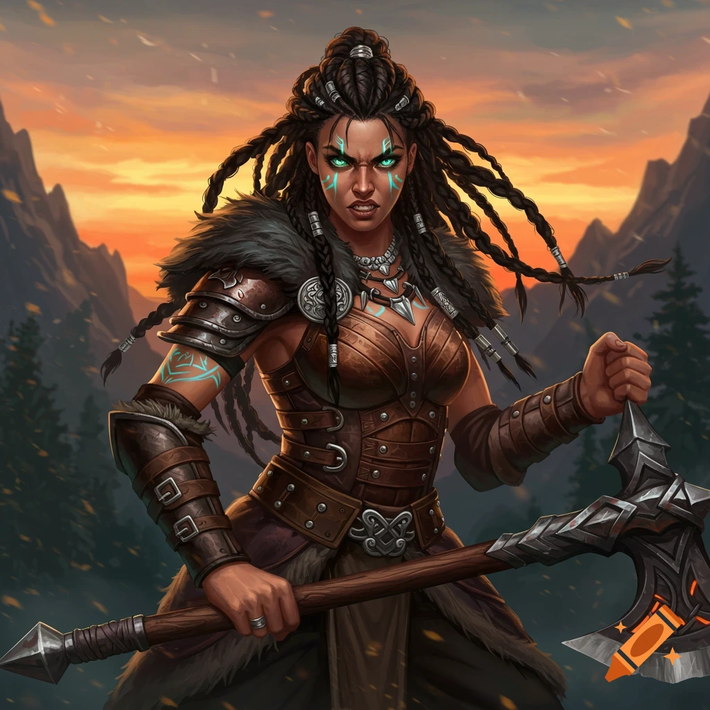 A fierce female warrior with tribal markings holding an axe stands against a mountain sunset.