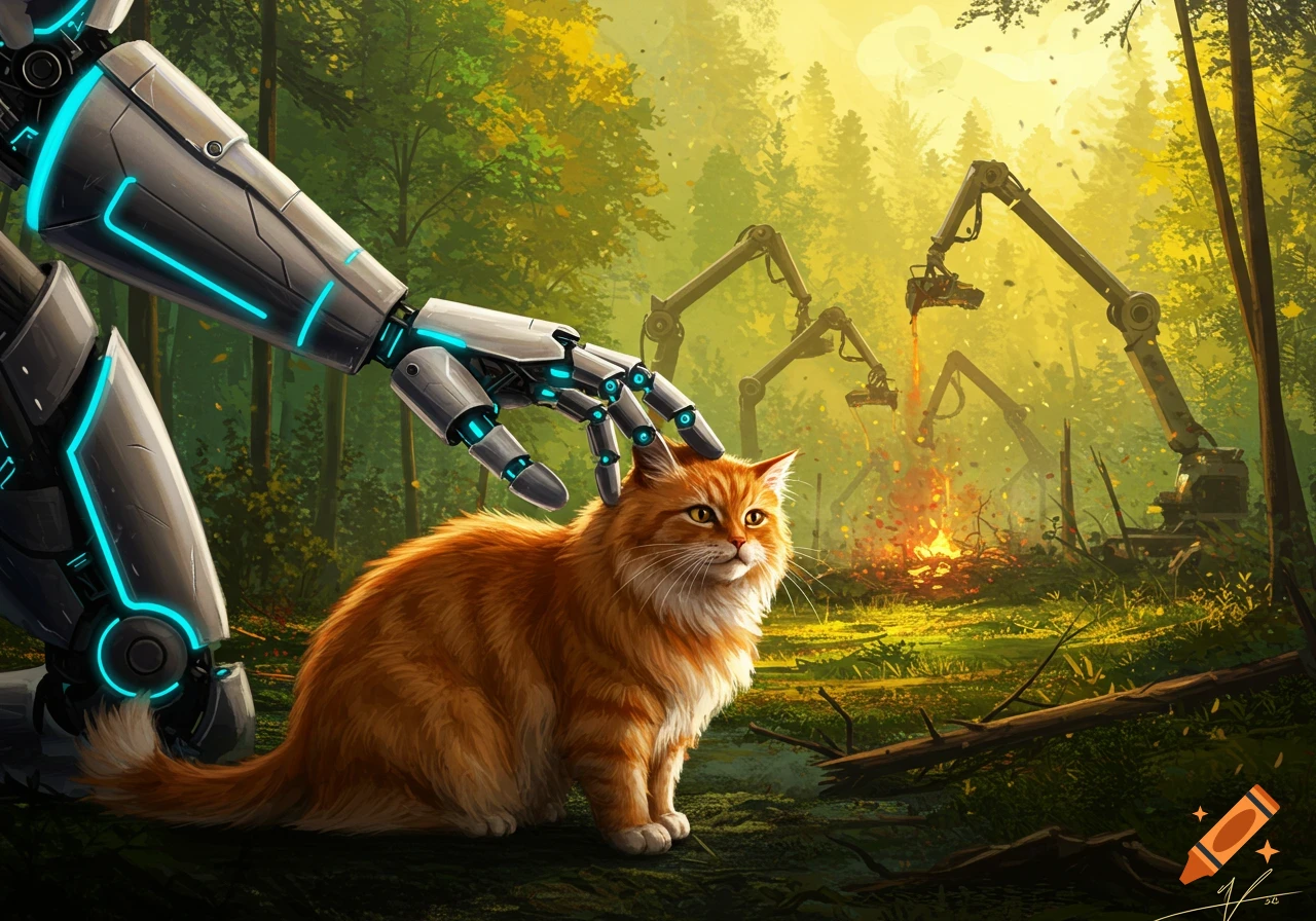 A robot arm gently pets an orange cat in a forest clearing. In the background, other robots are destroying trees.